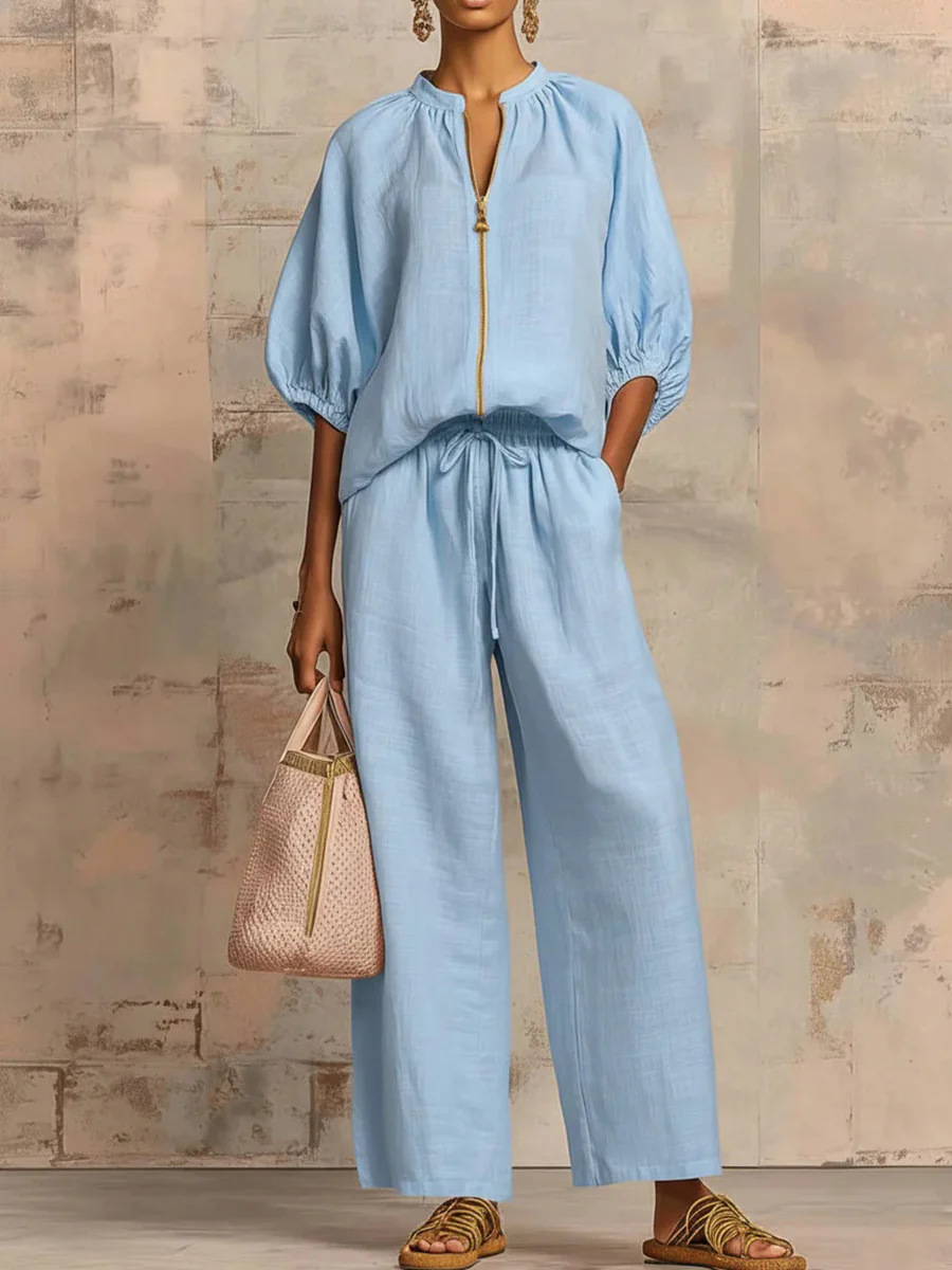 Half Sleeves Loose Drawstring Elasticity Pockets Solid Color Zipper Round-Neck Blouses&Shirts Tops Pants Trousers Two Pieces Set - Image 2