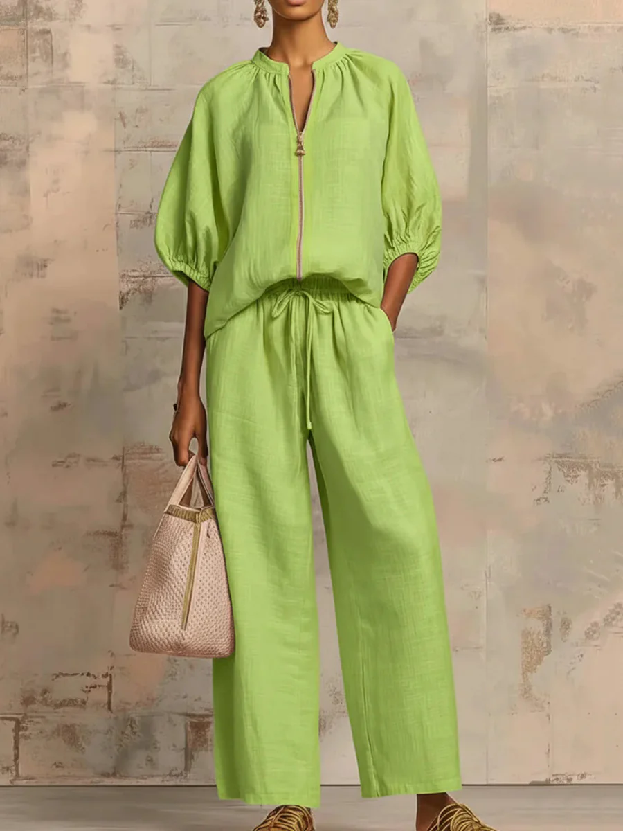 Half Sleeves Loose Drawstring Elasticity Pockets Solid Color Zipper Round-Neck Blouses&Shirts Tops Pants Trousers Two Pieces Set - Image 3