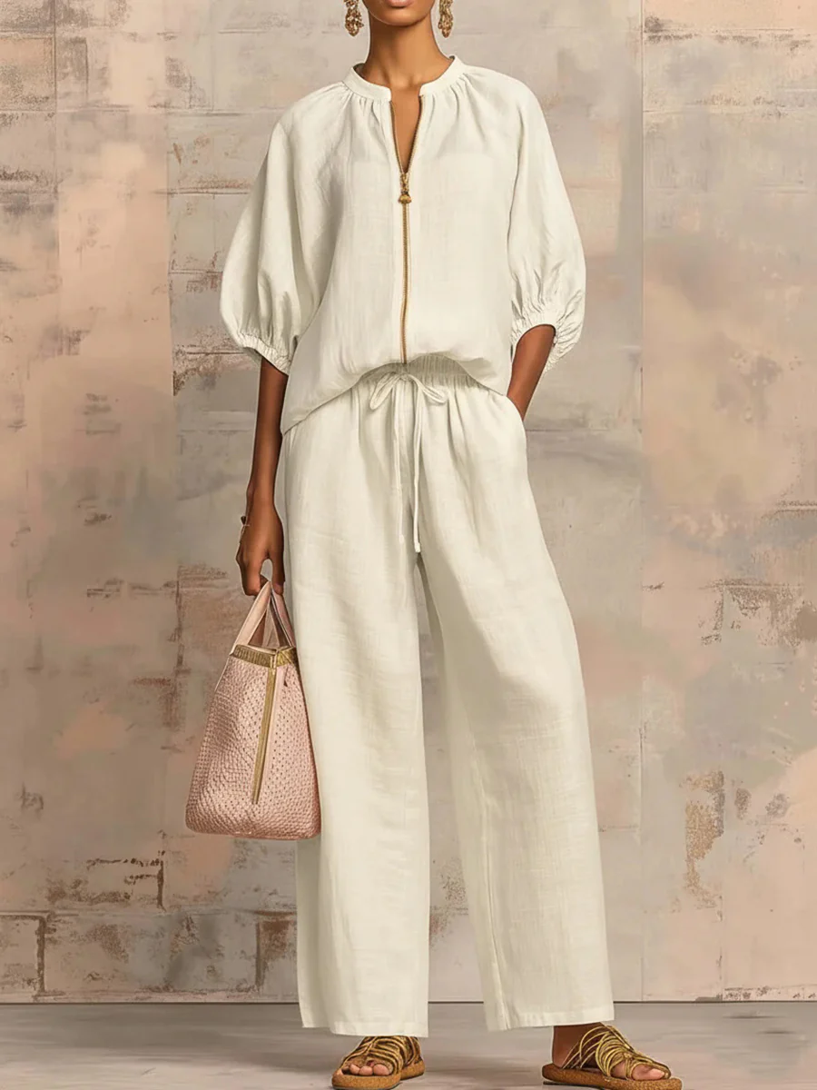 Half Sleeves Loose Drawstring Elasticity Pockets Solid Color Zipper Round-Neck Blouses&Shirts Tops Pants Trousers Two Pieces Set - Image 4