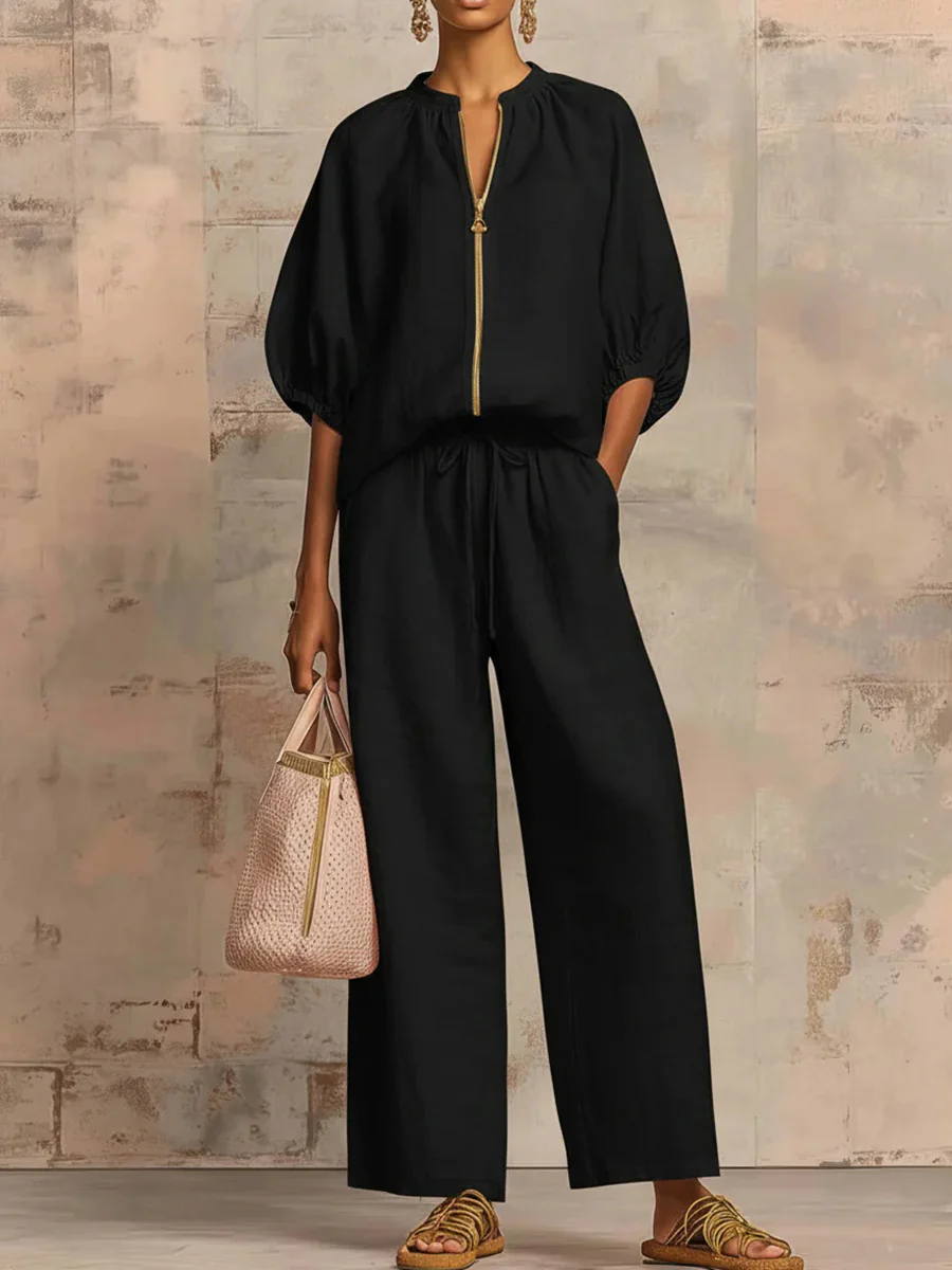 Half Sleeves Loose Drawstring Elasticity Pockets Solid Color Zipper Round-Neck Blouses&Shirts Tops Pants Trousers Two Pieces Set - Image 5
