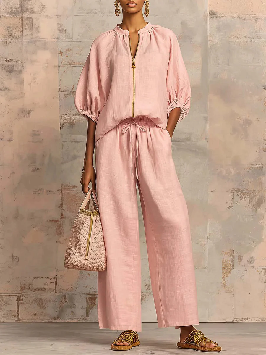 Half Sleeves Loose Drawstring Elasticity Pockets Solid Color Zipper Round-Neck Blouses&Shirts Tops Pants Trousers Two Pieces Set - Image 7