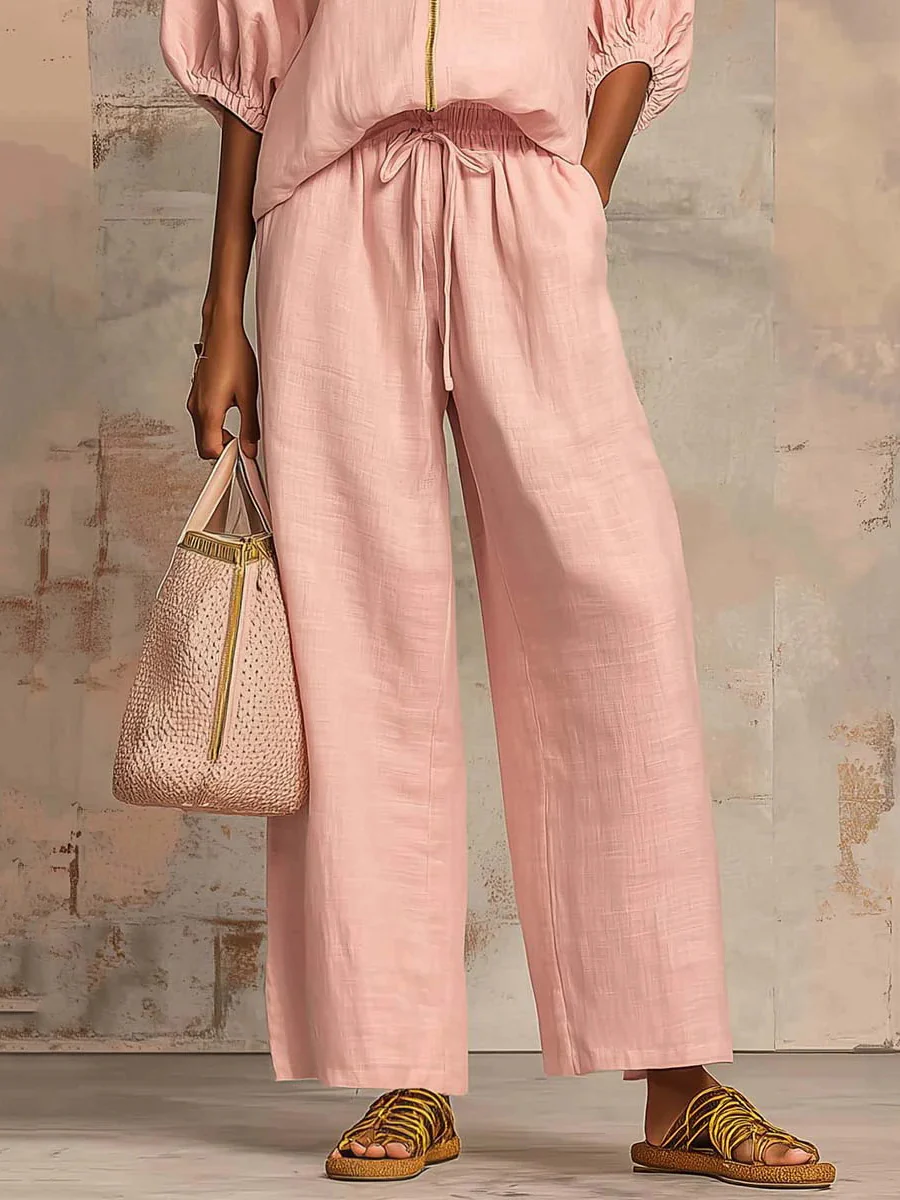Half Sleeves Loose Drawstring Elasticity Pockets Solid Color Zipper Round-Neck Blouses&Shirts Tops Pants Trousers Two Pieces Set - Image 8