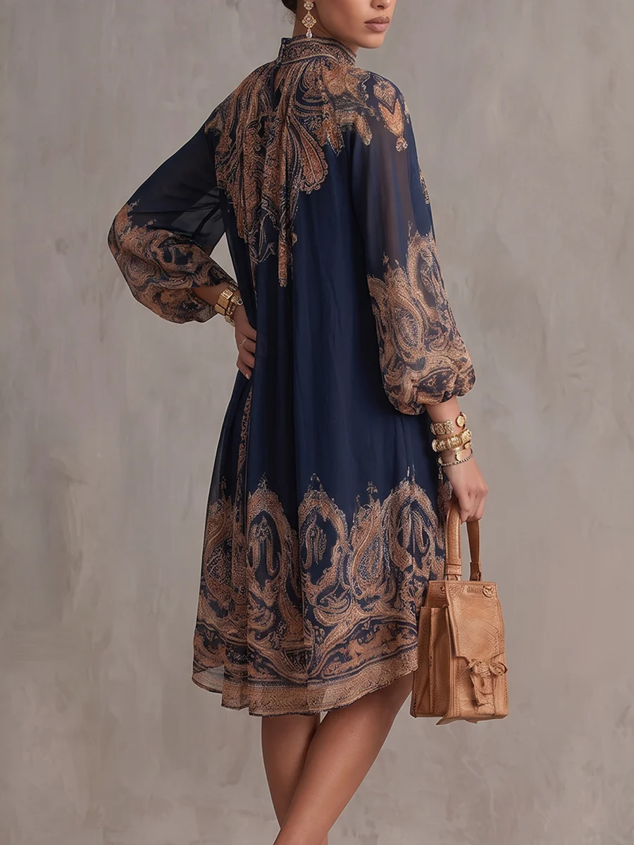 High-Low Long Sleeves Pleated Printed Mock Neck Mini Dresses - Image 3