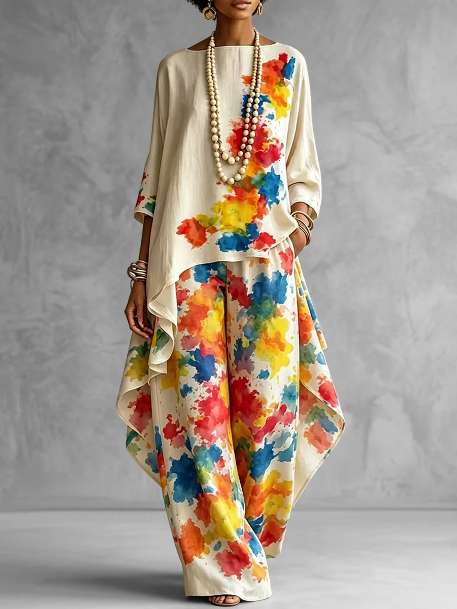 High-Low Loose Asymmetric Contrast Color Printed Boat Neck Blouses&Shirts Tops - Image 2