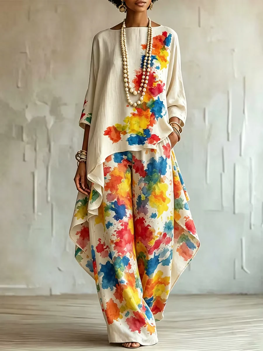 High-Low Loose Asymmetric Contrast Color Printed Boat Neck Blouses&Shirts Tops - Image 3