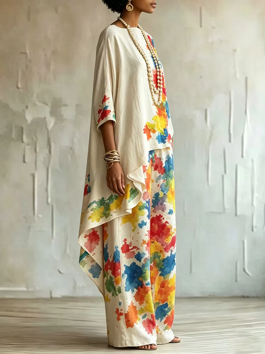 High-Low Loose Asymmetric Contrast Color Printed Boat Neck Blouses&Shirts Tops - Image 4