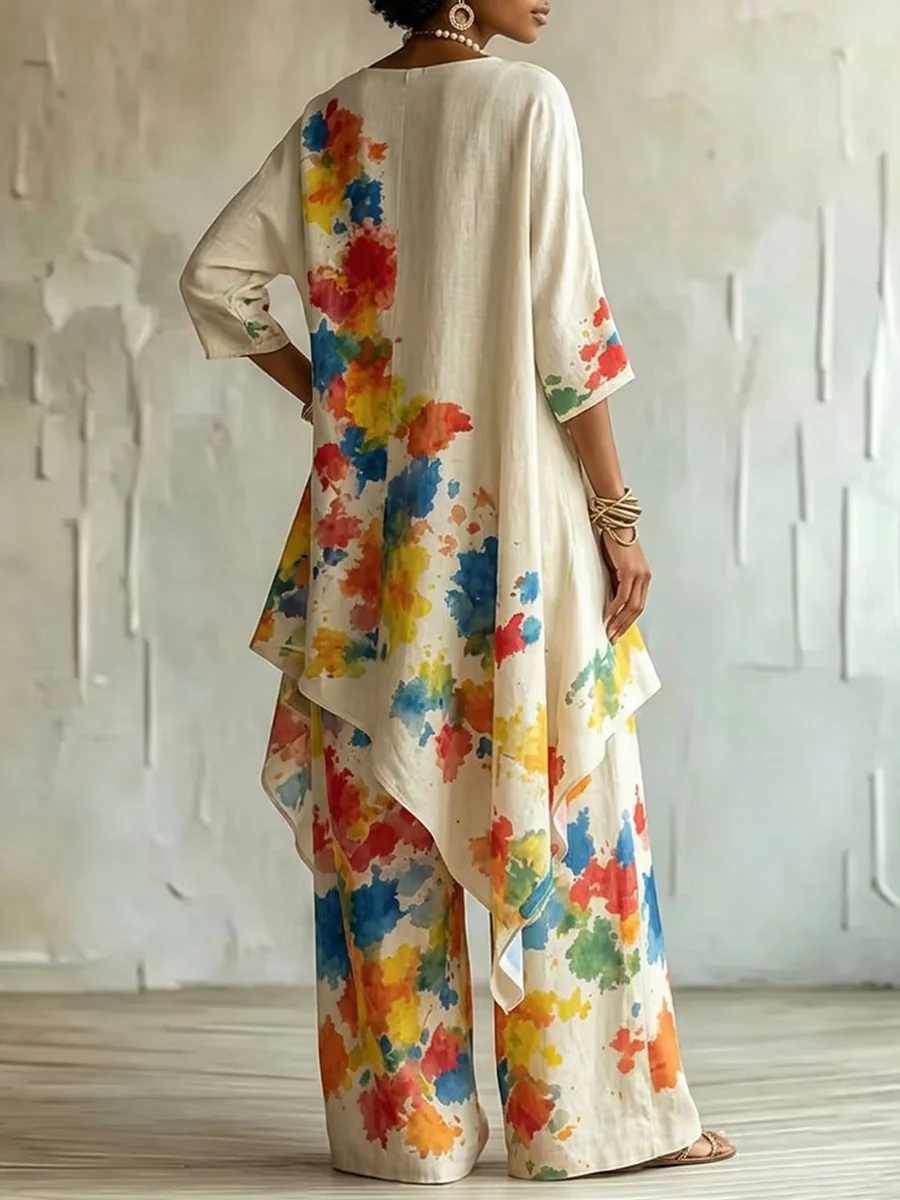 High-Low Loose Asymmetric Contrast Color Printed Boat Neck Blouses&Shirts Tops - Image 5