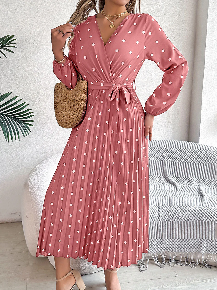 High Waisted Long Sleeves Pleated Polka Dot Tied Waist V-Neck Maxi Dresses Shirt Dress - Image 12