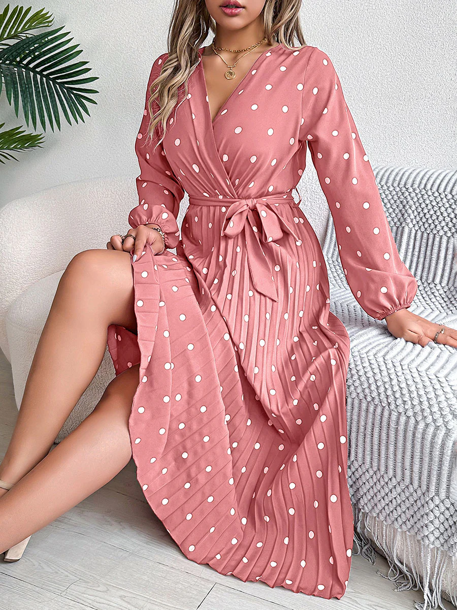High Waisted Long Sleeves Pleated Polka Dot Tied Waist V-Neck Maxi Dresses Shirt Dress - Image 13