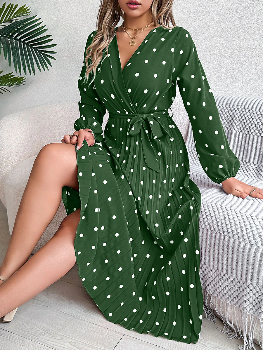 High Waisted Long Sleeves Pleated Polka Dot Tied Waist V-Neck Maxi Dresses Shirt Dress - Image 16