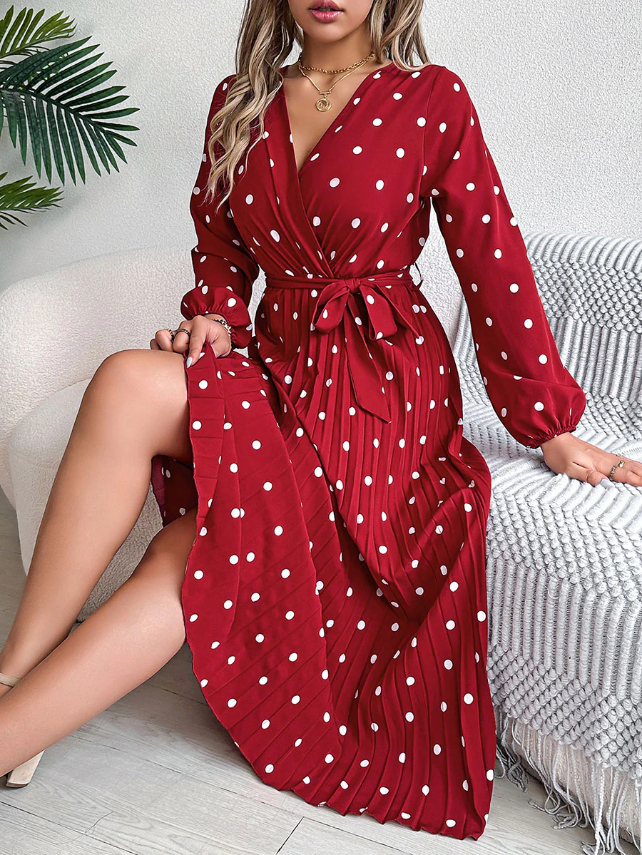 High Waisted Long Sleeves Pleated Polka Dot Tied Waist V-Neck Maxi Dresses Shirt Dress - Image 19