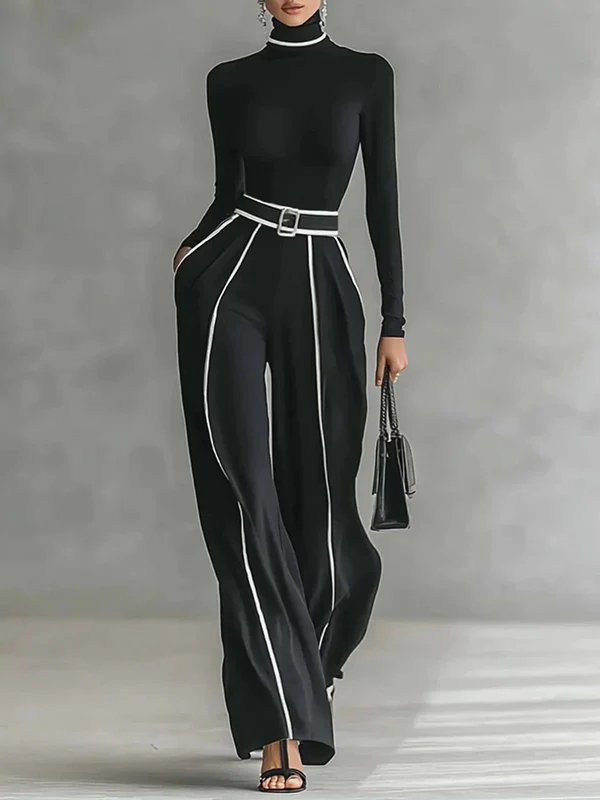 High Waisted Loose Belted Contrast Color Pockets Pants Trousers - Image 2