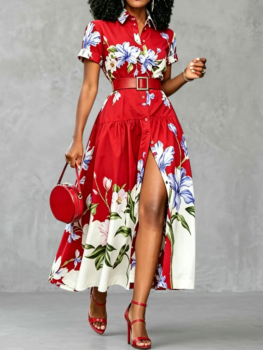 High Waisted Loose Buttoned Contrast Color Flower Print No Belt Pleated Split-Joint Lapel Maxi Dresses Shirt Dress