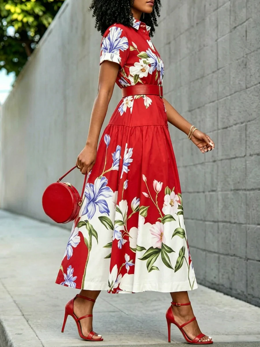 High Waisted Loose Buttoned Contrast Color Flower Print No Belt Pleated Split-Joint Lapel Maxi Dresses Shirt Dress - Image 3