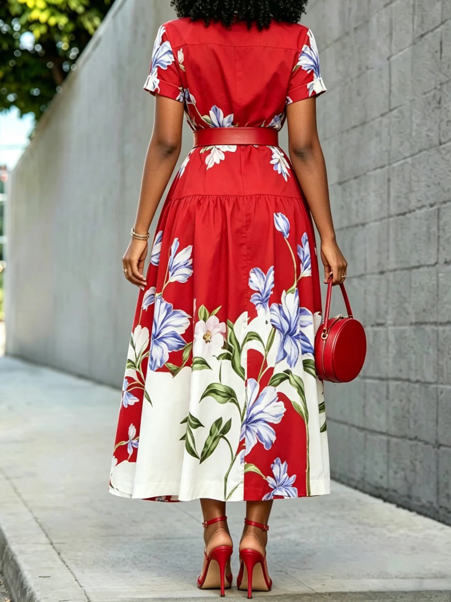 High Waisted Loose Buttoned Contrast Color Flower Print No Belt Pleated Split-Joint Lapel Maxi Dresses Shirt Dress - Image 4