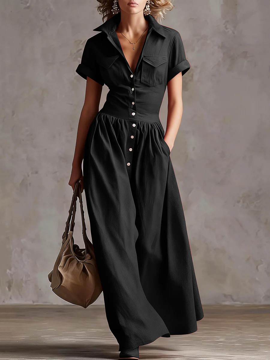 High Waisted Loose Buttoned Pleated Pockets Solid Color Split-Joint Lapel Maxi Dresses - Image 3
