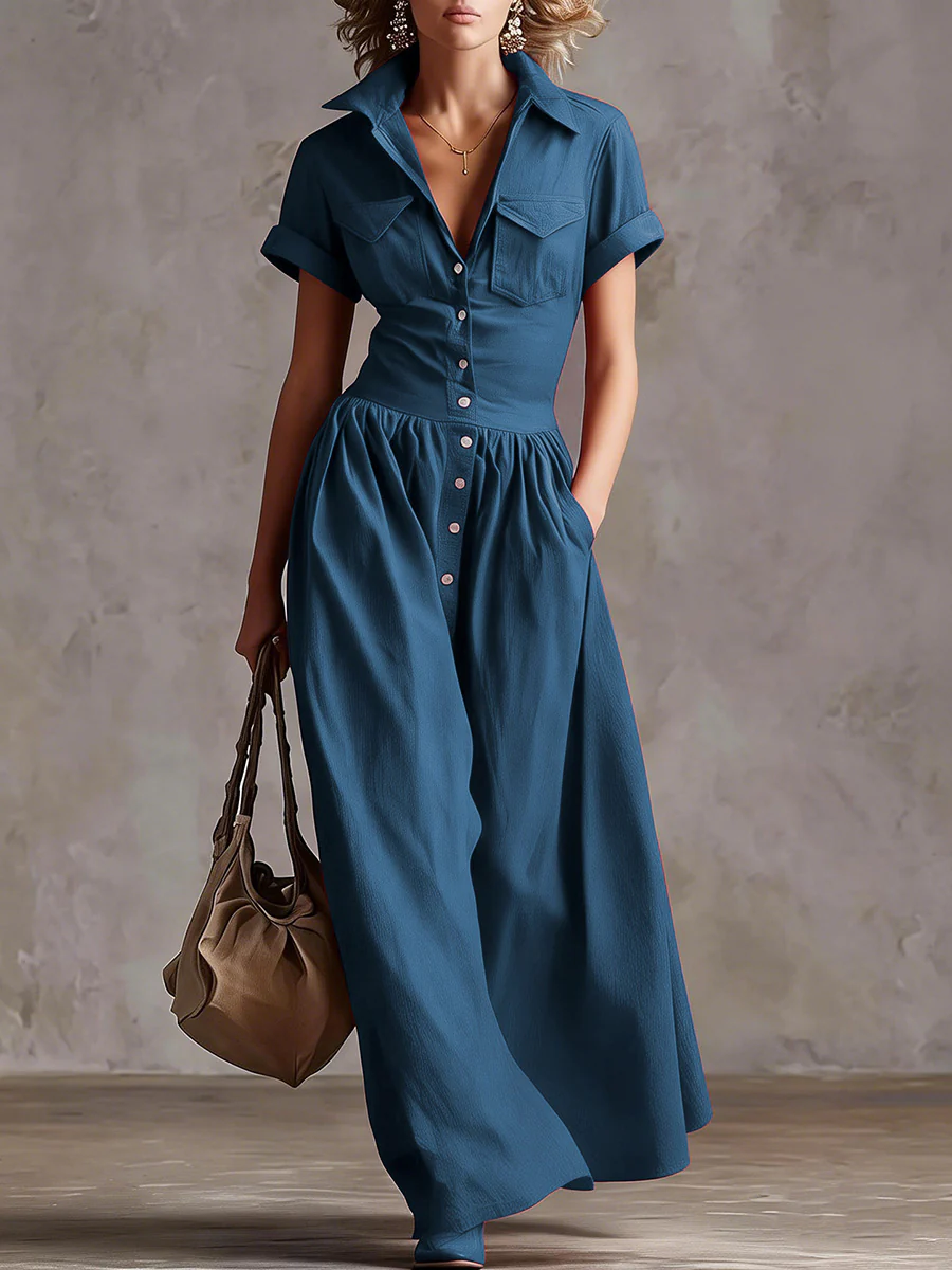 High Waisted Loose Buttoned Pleated Pockets Solid Color Split-Joint Lapel Maxi Dresses - Image 4