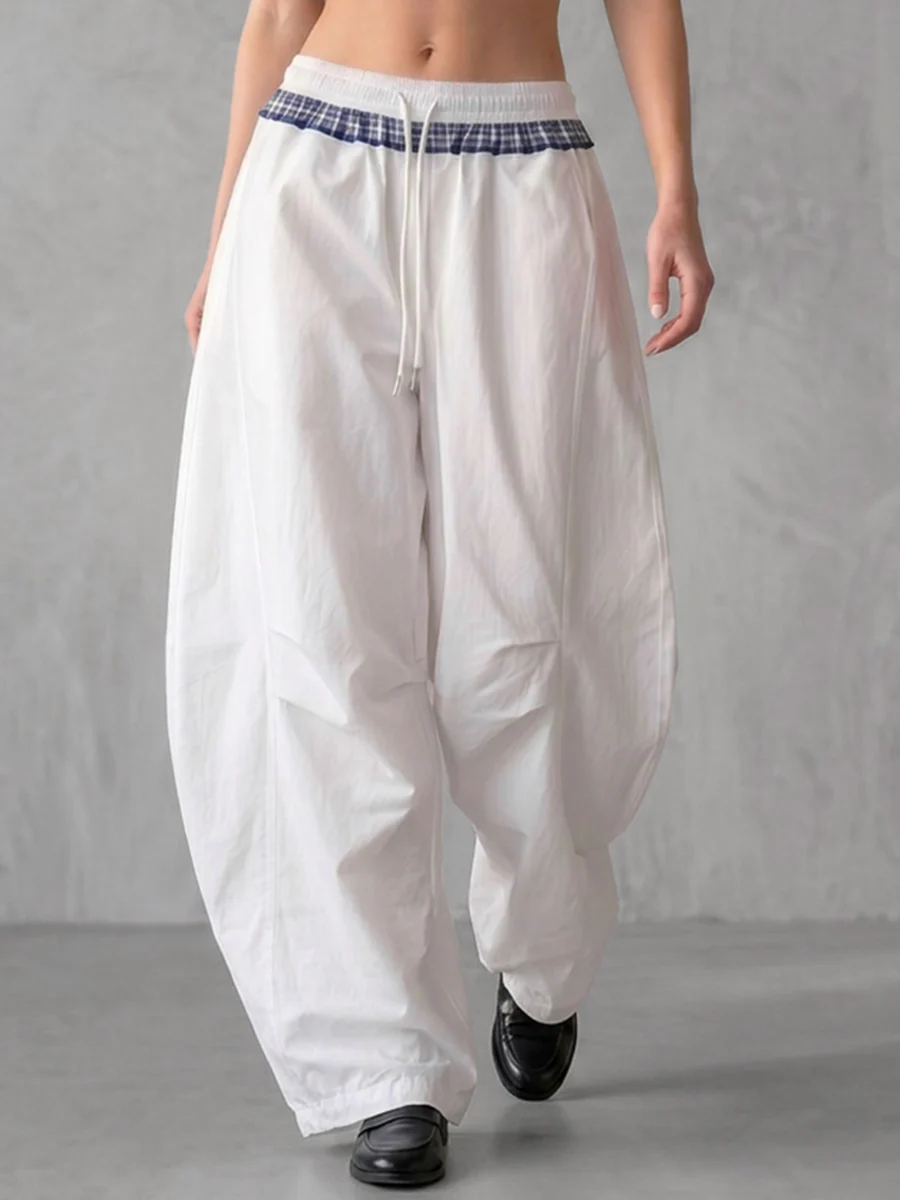 Split-Joint Pockets Drawstring Contrast Color Wide Leg Loose Trousers Pants