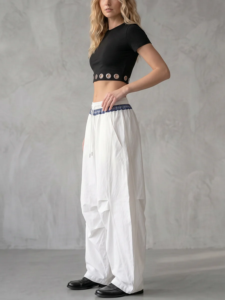 Split-Joint Pockets Drawstring Contrast Color Wide Leg Loose Trousers Pants - Image 3