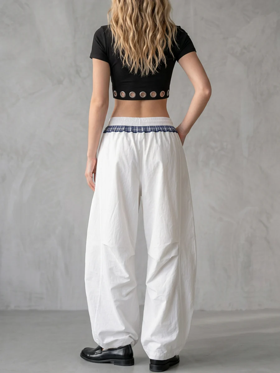 Split-Joint Pockets Drawstring Contrast Color Wide Leg Loose Trousers Pants - Image 4