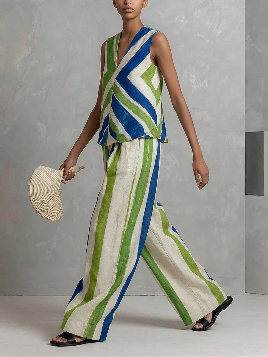 High Waisted Loose Contrast Color Pockets Striped Pants Trousers - Image 3