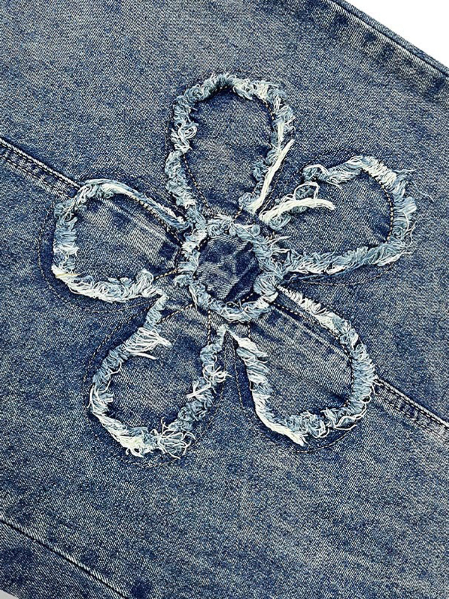 High Waisted Loose Drawstring Elasticity Flower Shape Fringed Solid Color Jean Pants Bottoms - Image 7