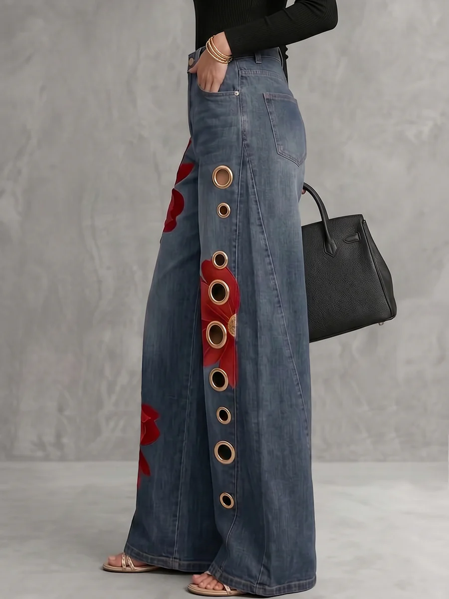 High Waisted Wide Leg Buttoned Flower Print Hollow Pockets Jean Pants Bottoms Trousers - Image 2