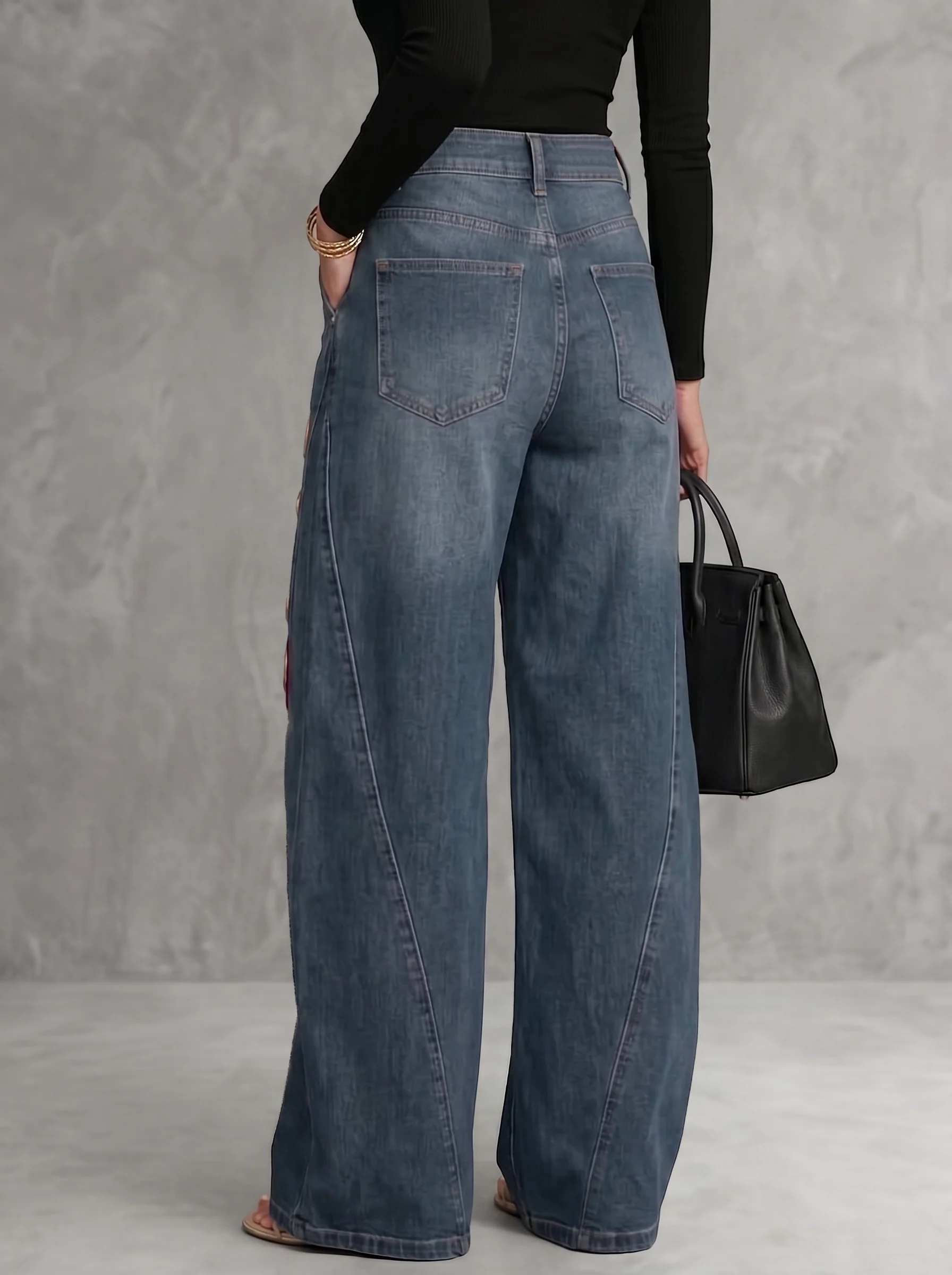 High Waisted Wide Leg Buttoned Flower Print Hollow Pockets Jean Pants Bottoms Trousers - Image 3