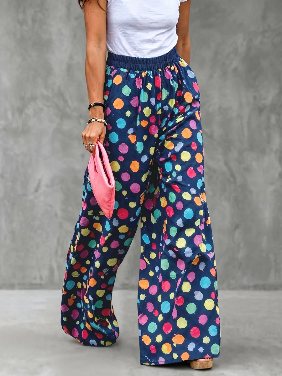 High Waisted Wide Leg Contrast Color Elasticity Pockets Polka Dot Pants Trousers