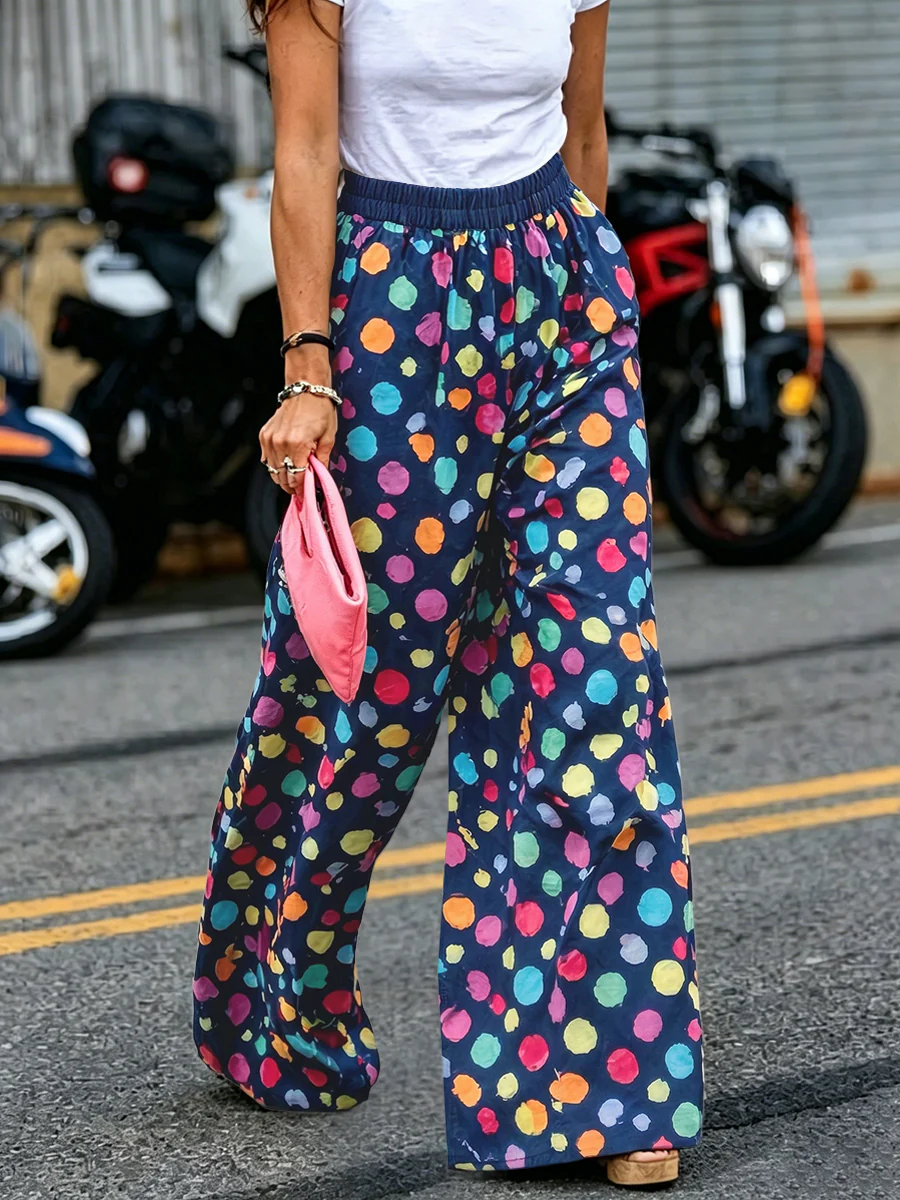 High Waisted Wide Leg Contrast Color Elasticity Pockets Polka Dot Pants Trousers - Image 2