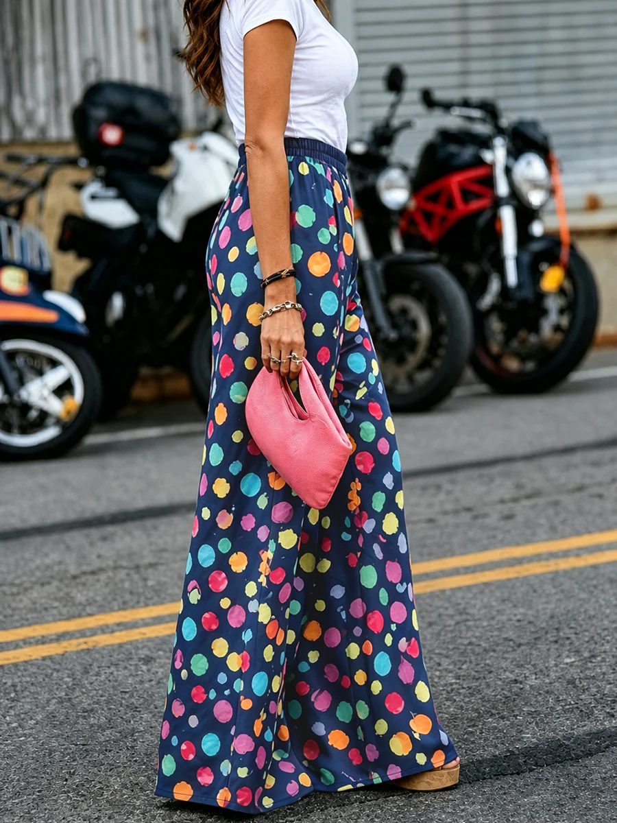 High Waisted Wide Leg Contrast Color Elasticity Pockets Polka Dot Pants Trousers - Image 3