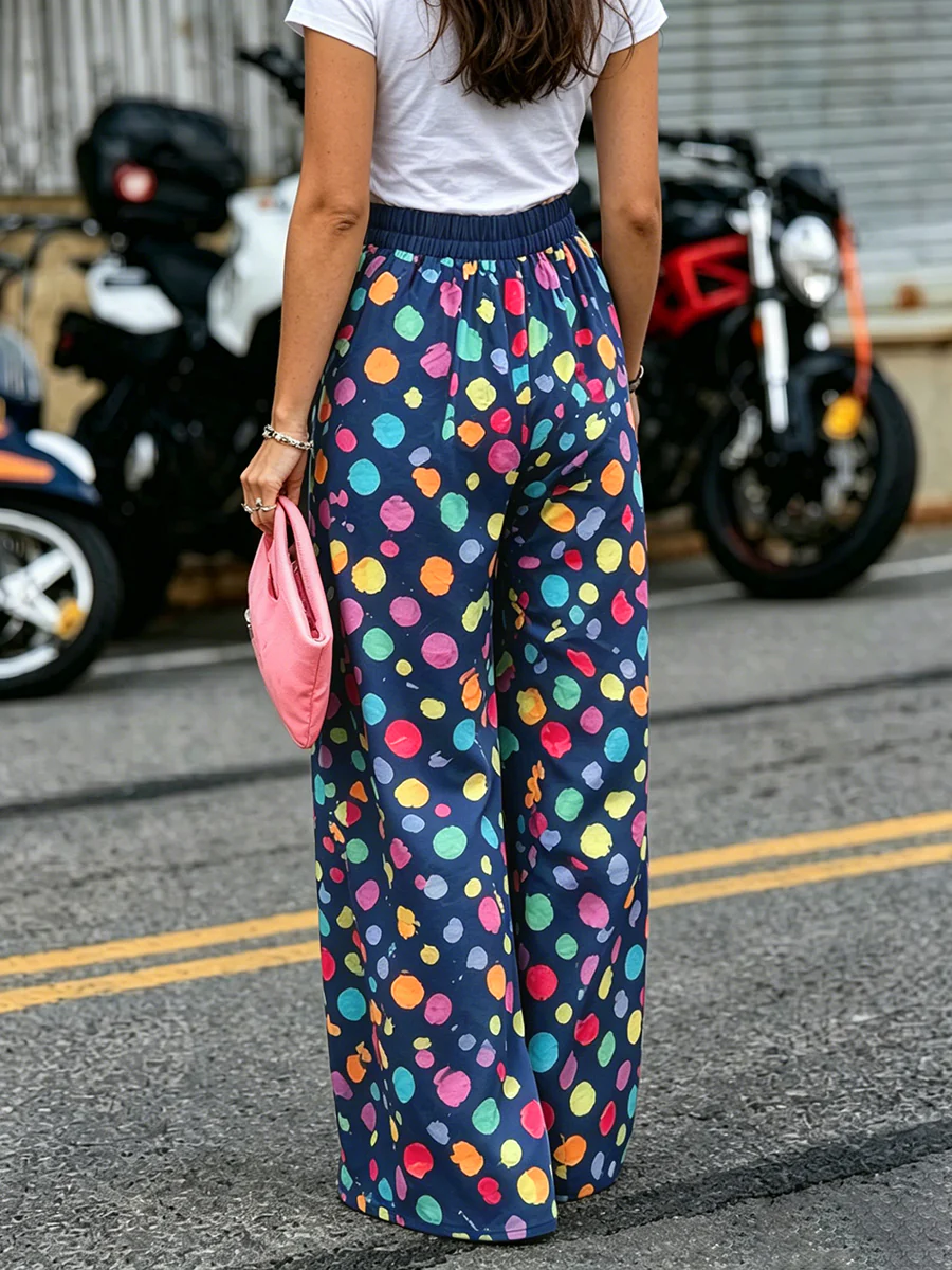 High Waisted Wide Leg Contrast Color Elasticity Pockets Polka Dot Pants Trousers - Image 4