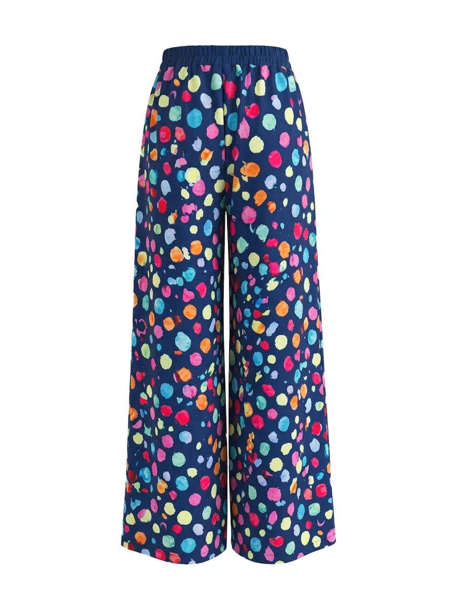 High Waisted Wide Leg Contrast Color Elasticity Pockets Polka Dot Pants Trousers - Image 5