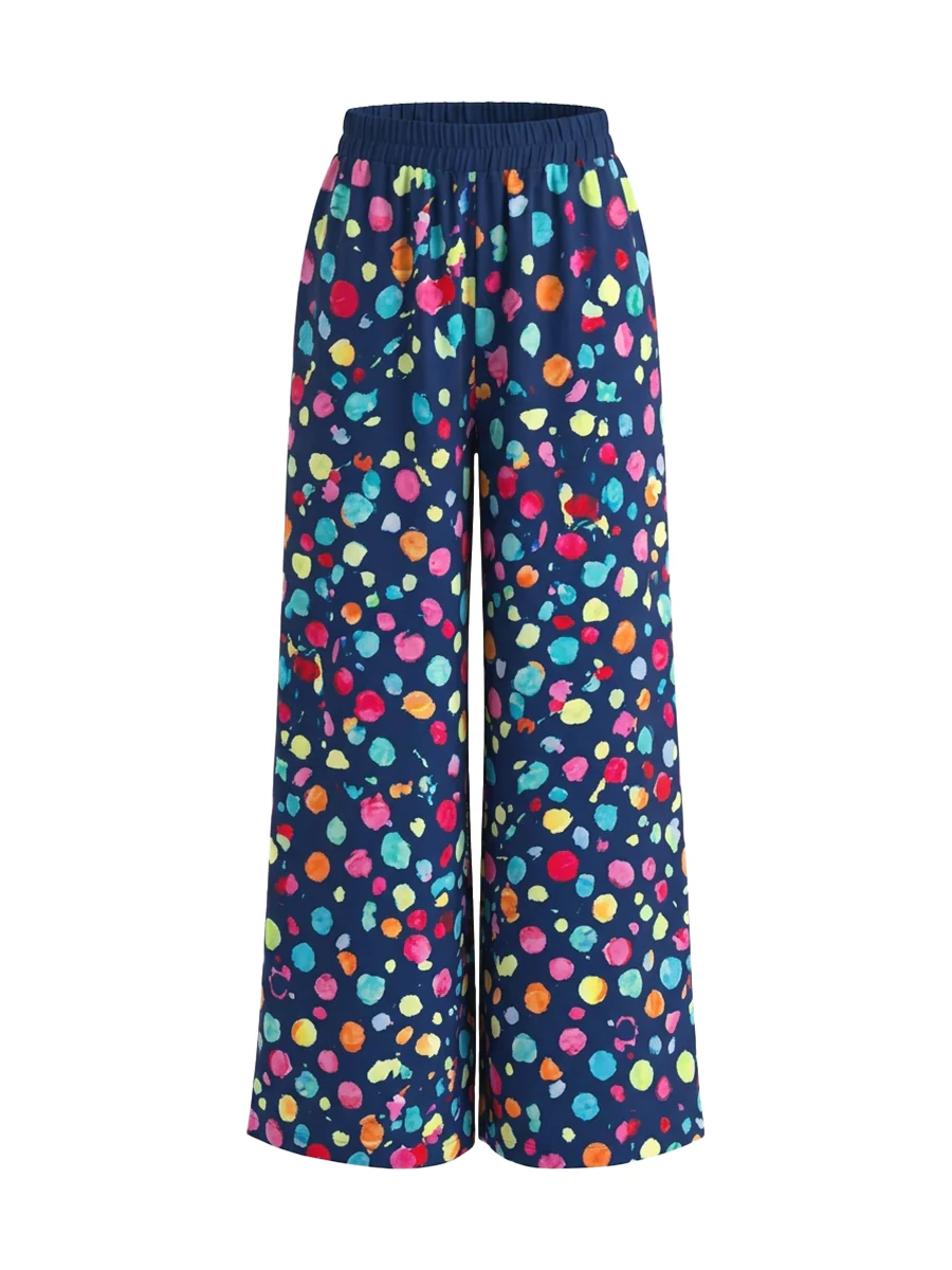 High Waisted Wide Leg Contrast Color Elasticity Pockets Polka Dot Pants Trousers - Image 7