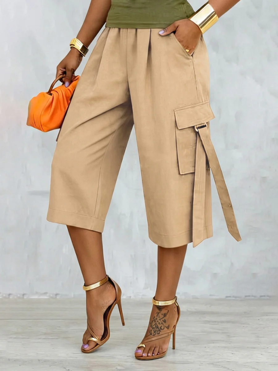 High Waisted Wide Leg Pleated Pockets Solid Color Split-Joint Streamer Cropped Trousers