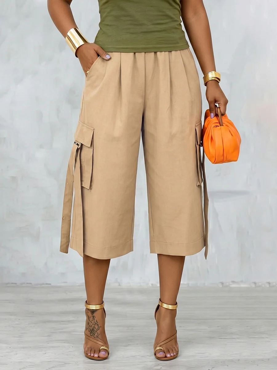 High Waisted Wide Leg Pleated Pockets Solid Color Split-Joint Streamer Cropped Trousers - Image 3