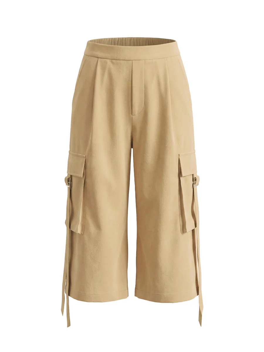 High Waisted Wide Leg Pleated Pockets Solid Color Split-Joint Streamer Cropped Trousers - Image 5