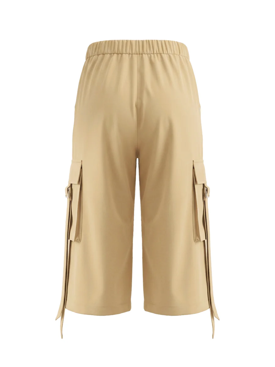 High Waisted Wide Leg Pleated Pockets Solid Color Split-Joint Streamer Cropped Trousers - Image 7