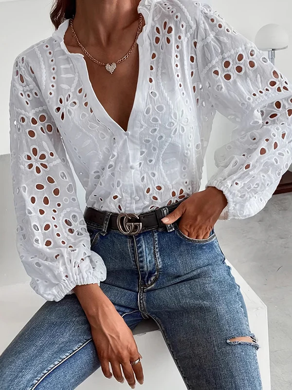 Irregularity Long Sleeves Buttoned Flower Shape Hollow See-Through Single-Breasted Solid Color Split-Joint V-Neck Blouses&Shirts Tops