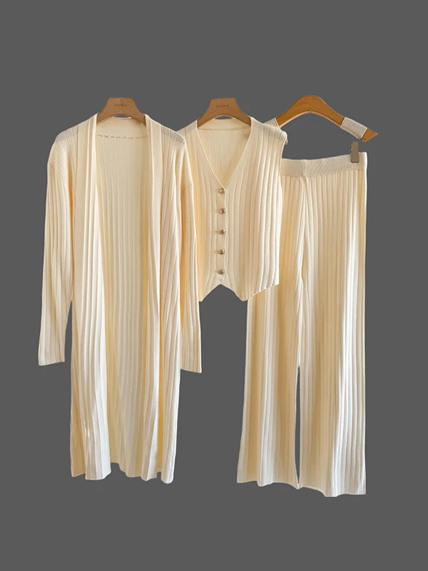 Knitting Sleeveless V-Neck Vest Top +  Long Sleeves Cardigan + High Waisted Pants Three Pieces Set - Image 2