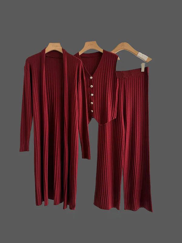 Knitting Sleeveless V-Neck Vest Top +  Long Sleeves Cardigan + High Waisted Pants Three Pieces Set - Image 3