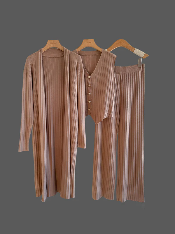 Knitting Sleeveless V-Neck Vest Top +  Long Sleeves Cardigan + High Waisted Pants Three Pieces Set - Image 4