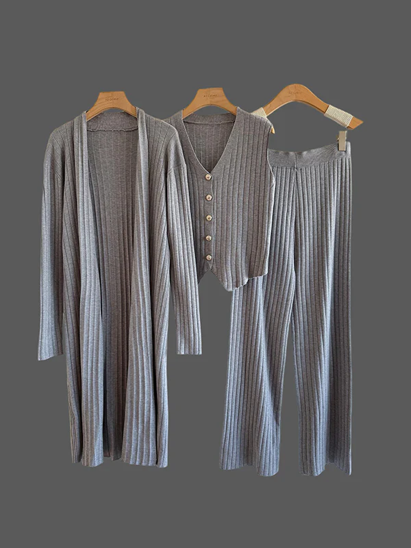 Knitting Sleeveless V-Neck Vest Top +  Long Sleeves Cardigan + High Waisted Pants Three Pieces Set - Image 5