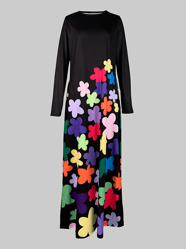 Long Sleeves Asymmetric Floral Round-Neck Maxi Dresses - Image 4