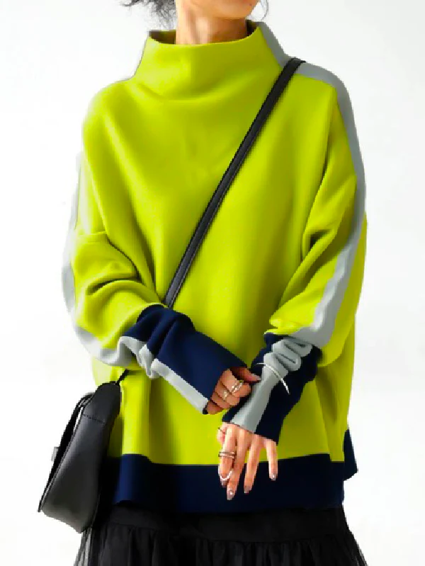 Long Sleeves Contrast Color Split-Joint High Neck Hoodies&Sweatshirt Sweatshirt Tops Tops - Image 2