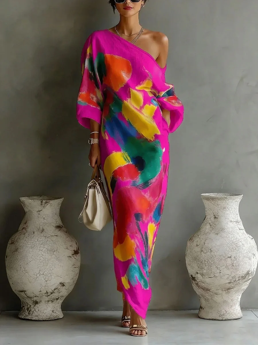 Long Sleeves Loose Asymmetric Contrast Color Pockets Printed One-Shoulder Maxi Dresses - Image 2