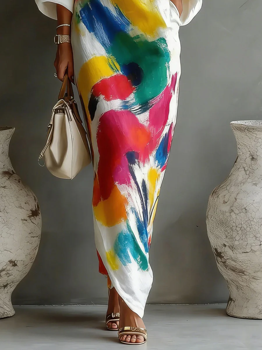 Long Sleeves Loose Asymmetric Contrast Color Pockets Printed One-Shoulder Maxi Dresses - Image 3