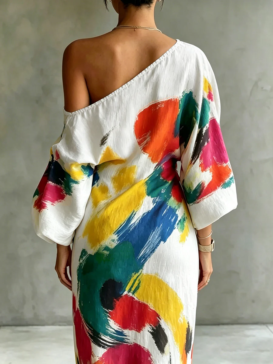 Long Sleeves Loose Asymmetric Contrast Color Pockets Printed One-Shoulder Maxi Dresses - Image 4