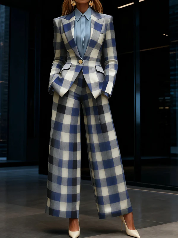 Long Sleeves Loose Buttoned Contrast Color Plaid Pockets Notched Collar Blazer Outerwear - Image 5