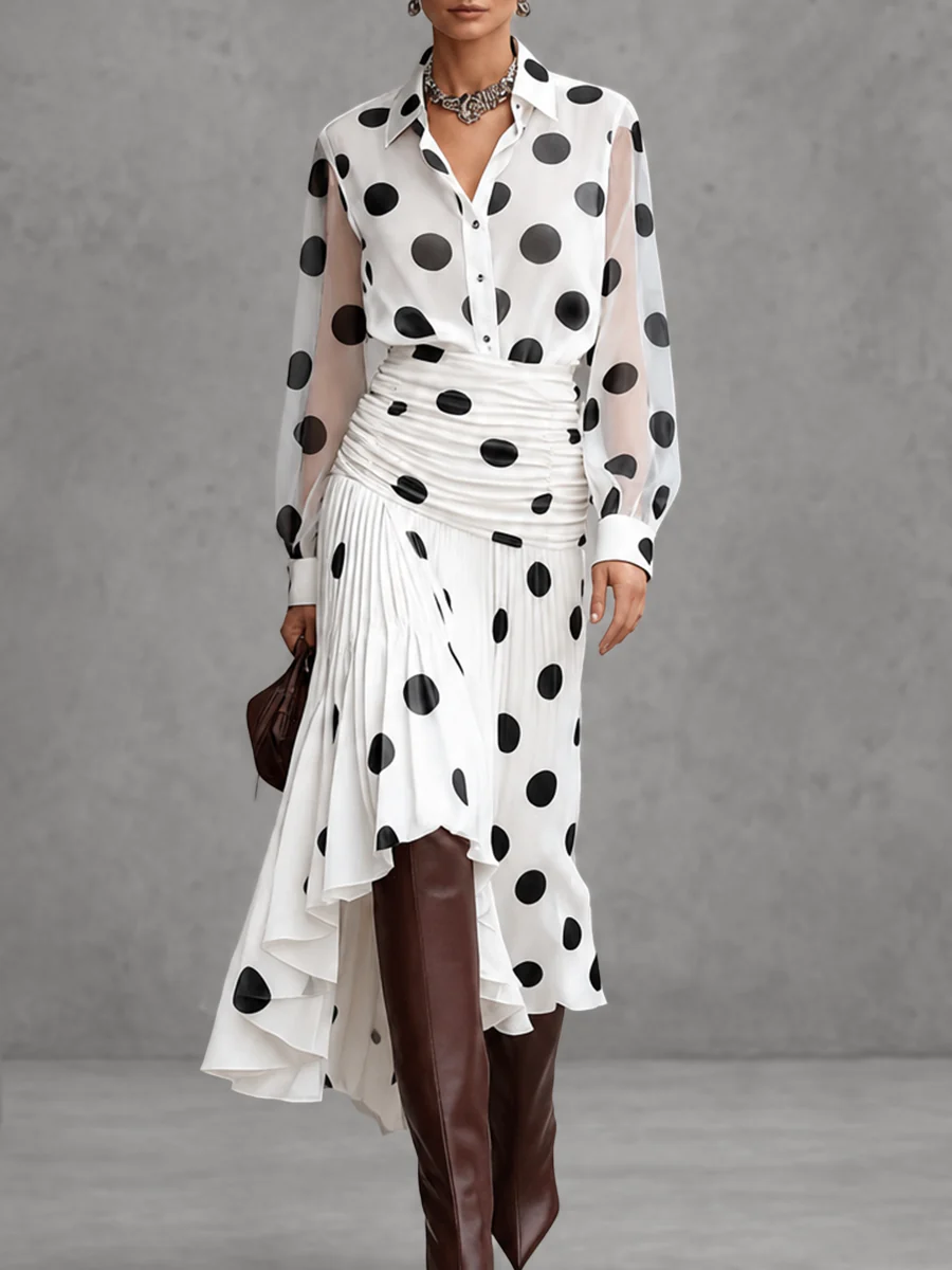 Long Sleeves Loose Buttoned Polka-Dot Printed Lapel Blouses&Shirts Tops - Image 2